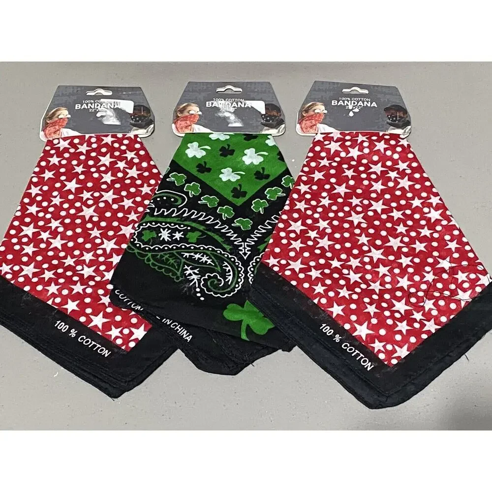 Lot of 15 Bandanas 100% Cotton Red Black Checkered Dots Floral Clover Stars 21”